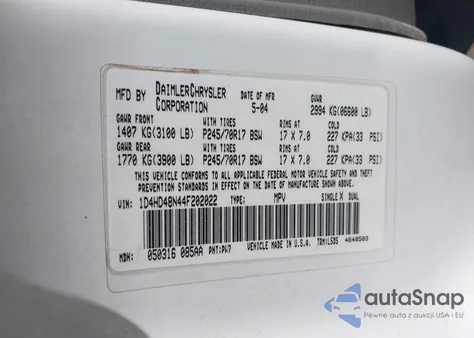 2004 Dodge Durango Slt from USA, damaged, VIN 1D4HD48N44F202022